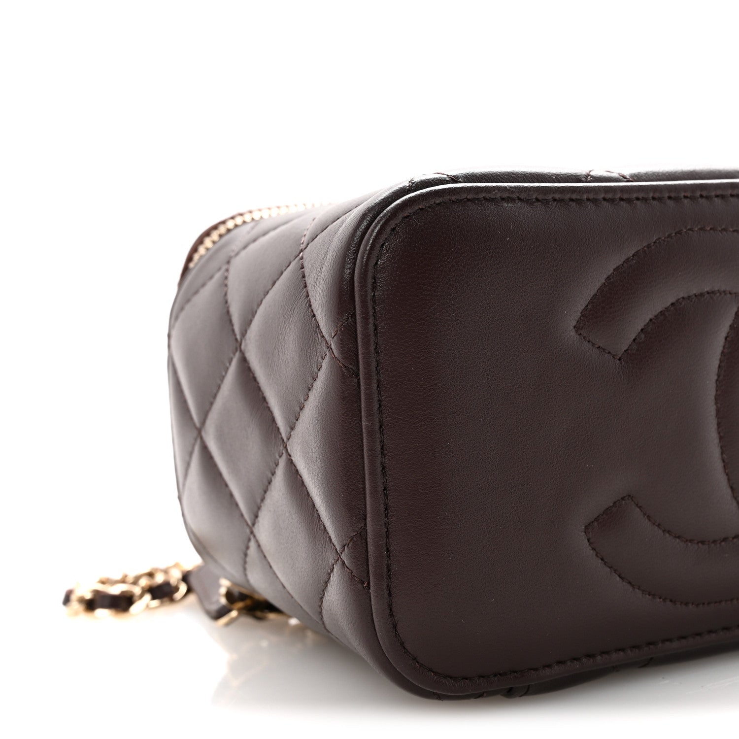 Lambskin Quilted Small Top Handle Vanity Case With Chain Dark Brown