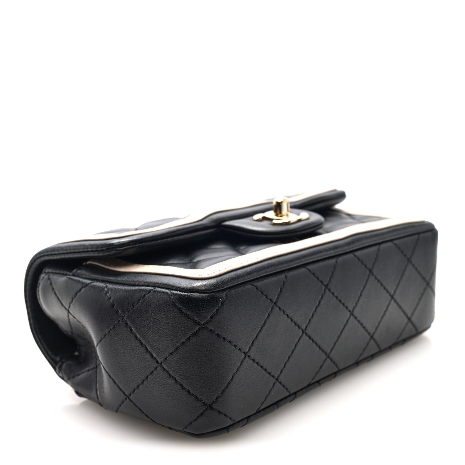 Shiny Lambskin Quilted Half Mini Flap Black Beige