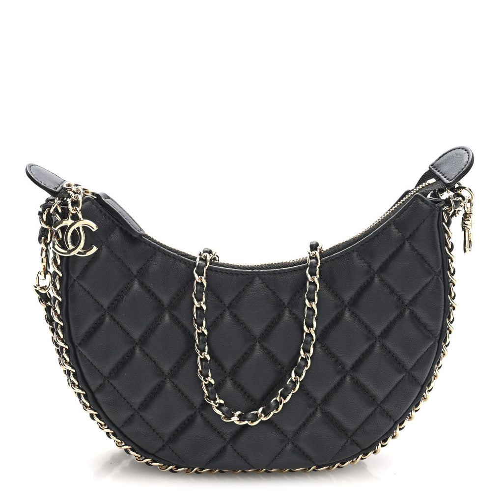 Lambskin Quilted Small Hobo Bag Black