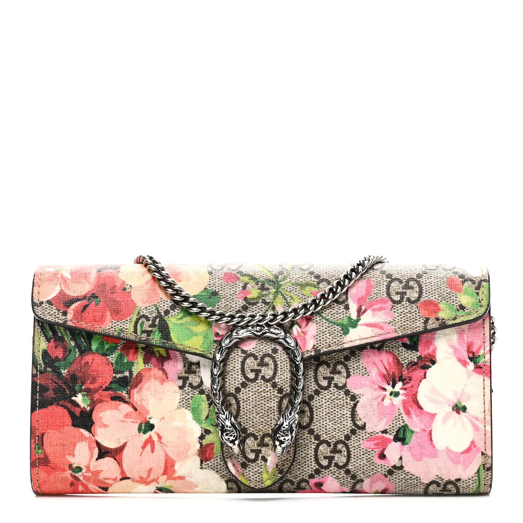 GG Supreme Monogram Blooms Dionysus Chain Clutch Wallet Beige Multicolor Dry Rose
