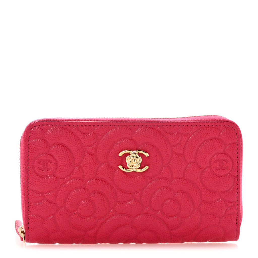 Caviar Camellia Embossed Medium Zip Around Gusset Wallet Pink