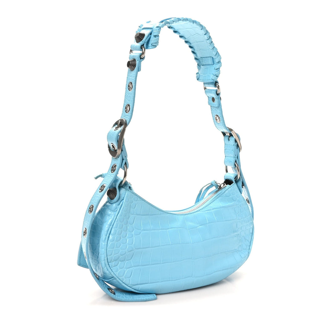 Extra Supple Calfskin Crocodile Embossed Le Cagole Shoulder Bag XS Sky Blue