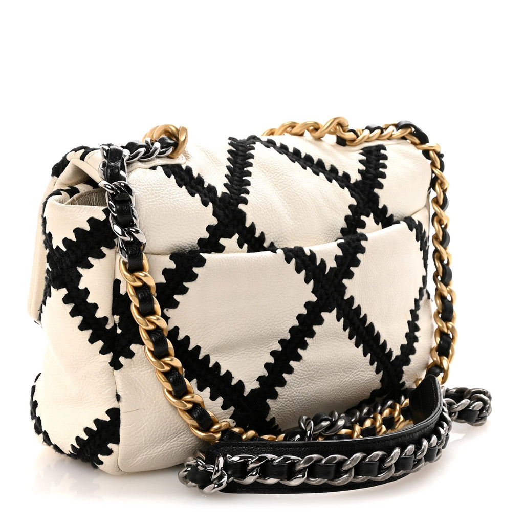 Calfskin Crochet Medium Chanel 19 Flap White Black