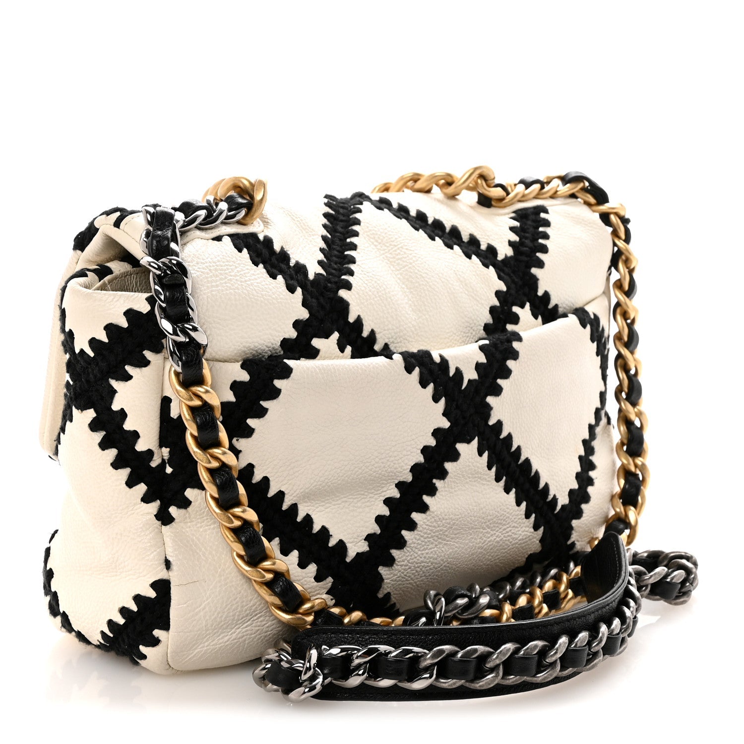 Calfskin Crochet Medium Chanel 19 Flap White Black