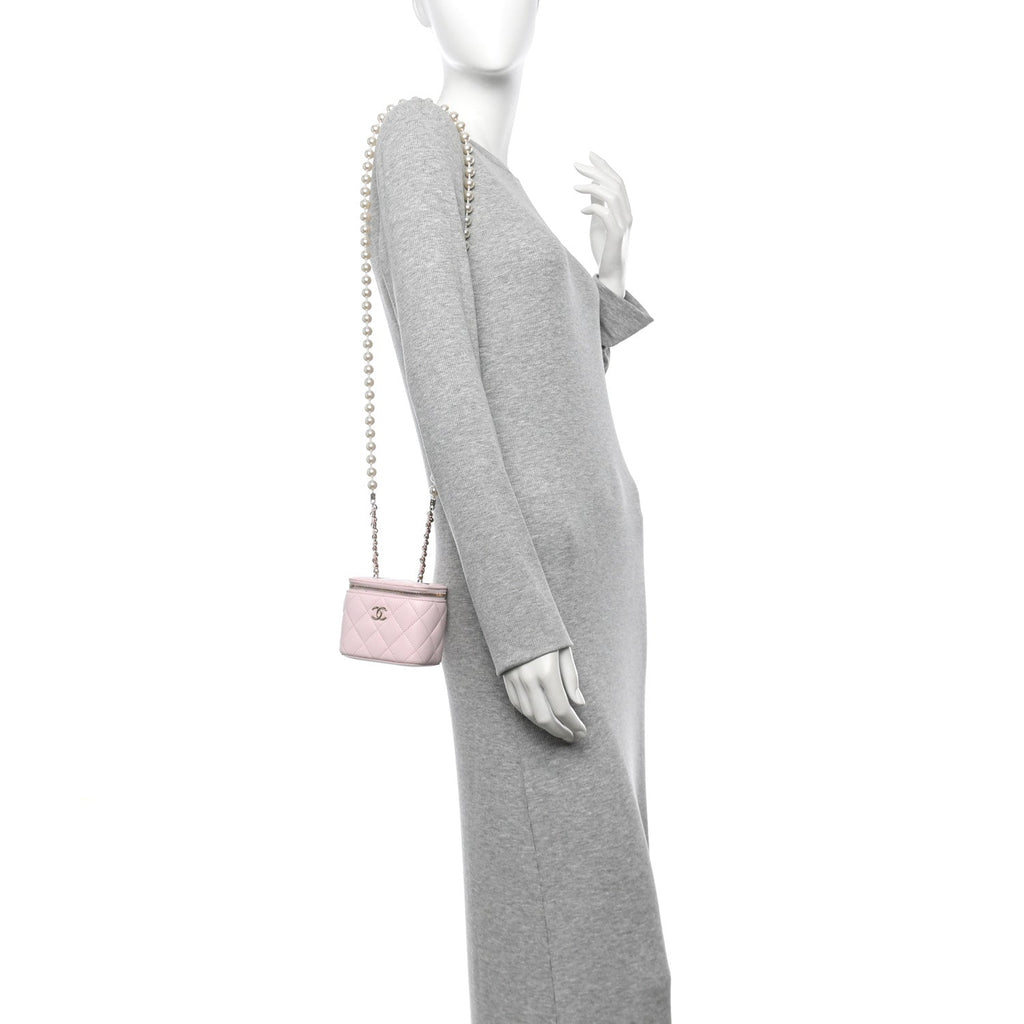 Lambskin Quilted Mini Vanity Case With Pearl Chain Light Pink