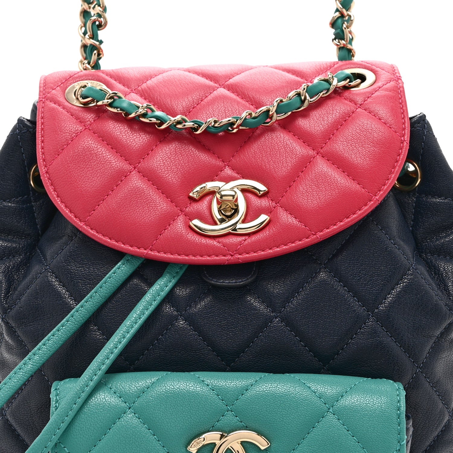 Goatskin Quilted Duma Drawstring Backpack Navy Turquoise Pink