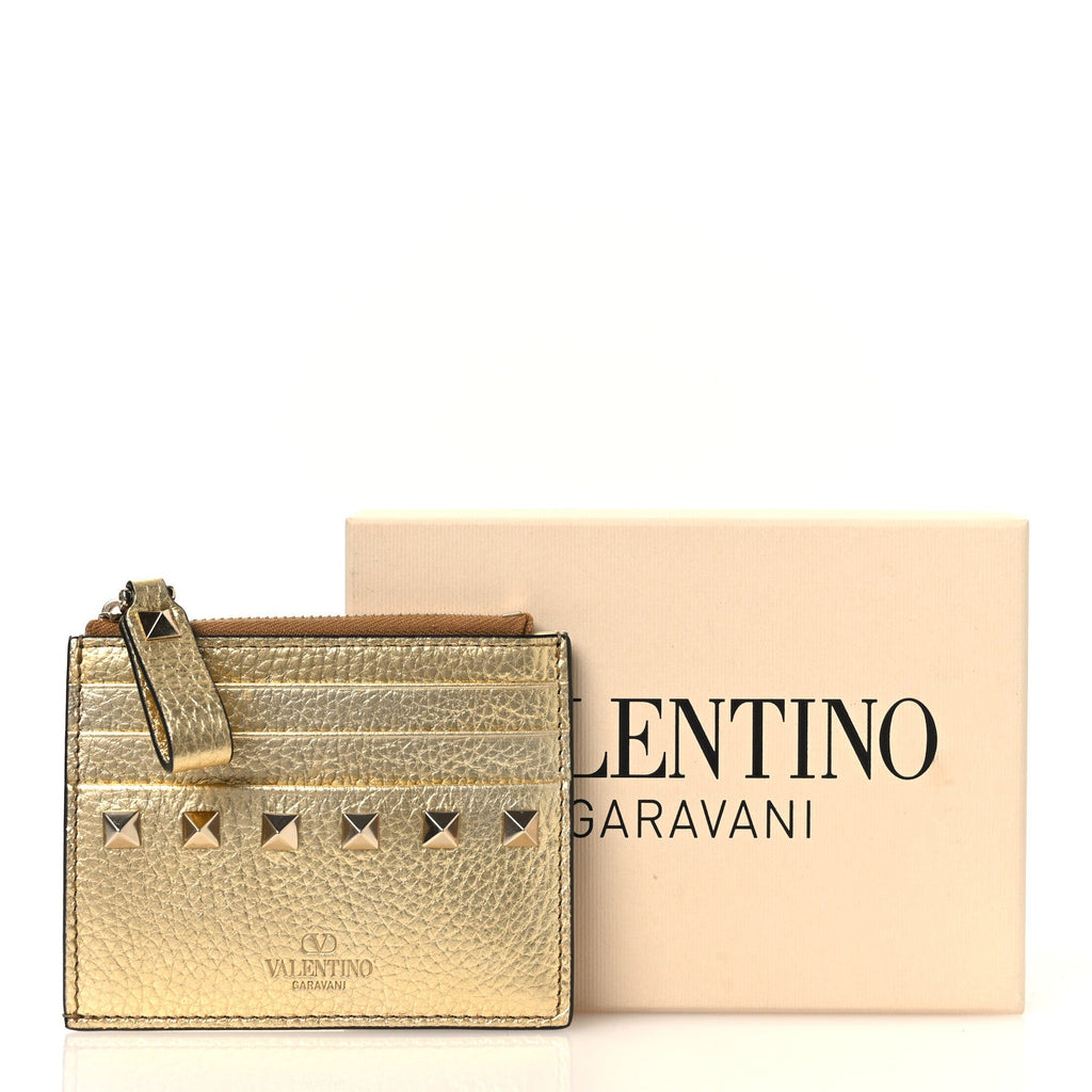 Metallic Pebbled Calfskin Rockstud  Holder With Zipper Gold