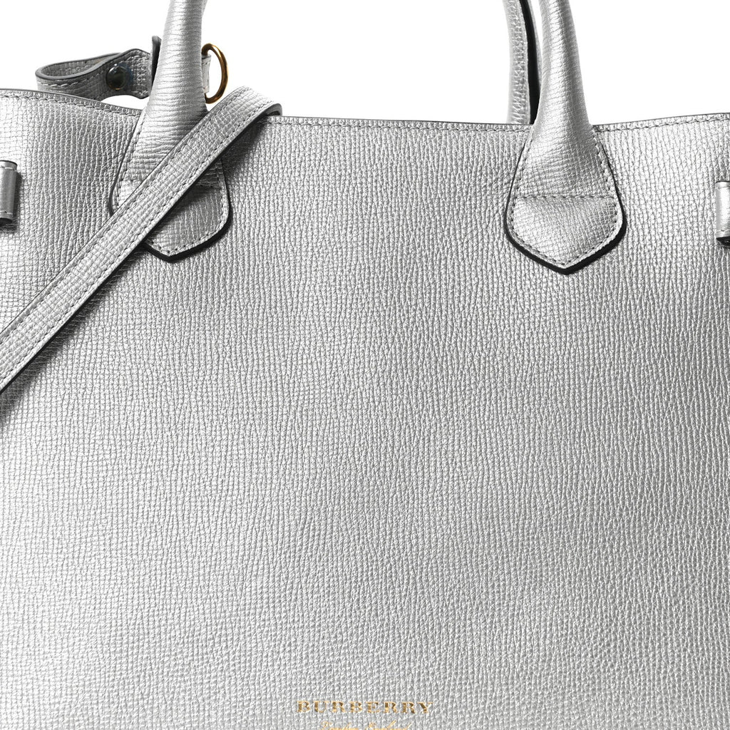 Metallic Grainy Calfskin House Check Medium Banner Tote Silver