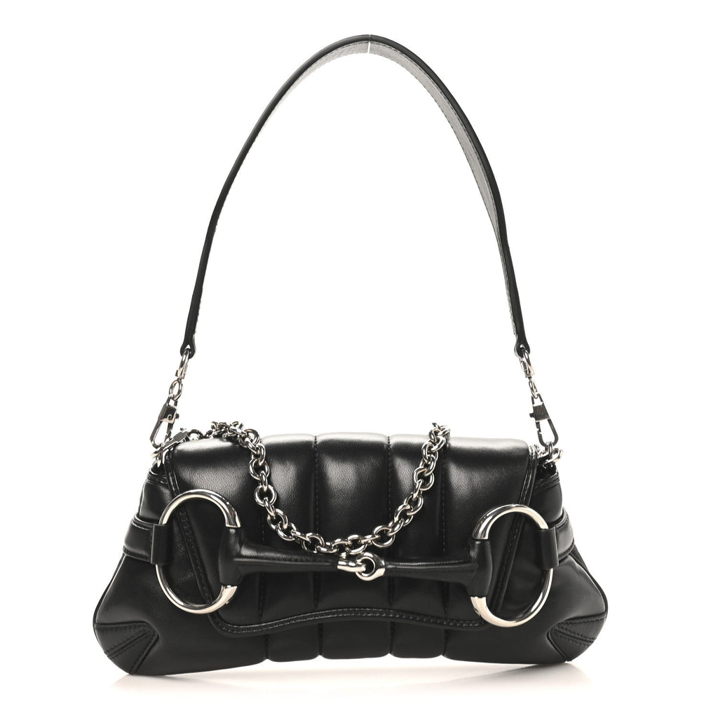 Nappa Vertical Matelasse Medium Maxi Horsebit Chain Shoulder Bag Black