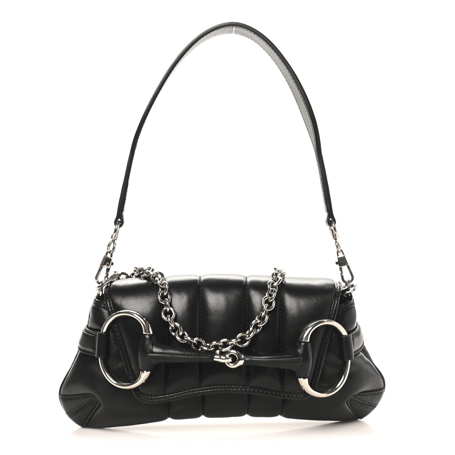 Nappa Vertical Matelasse Medium Maxi Horsebit Chain Shoulder Bag Black