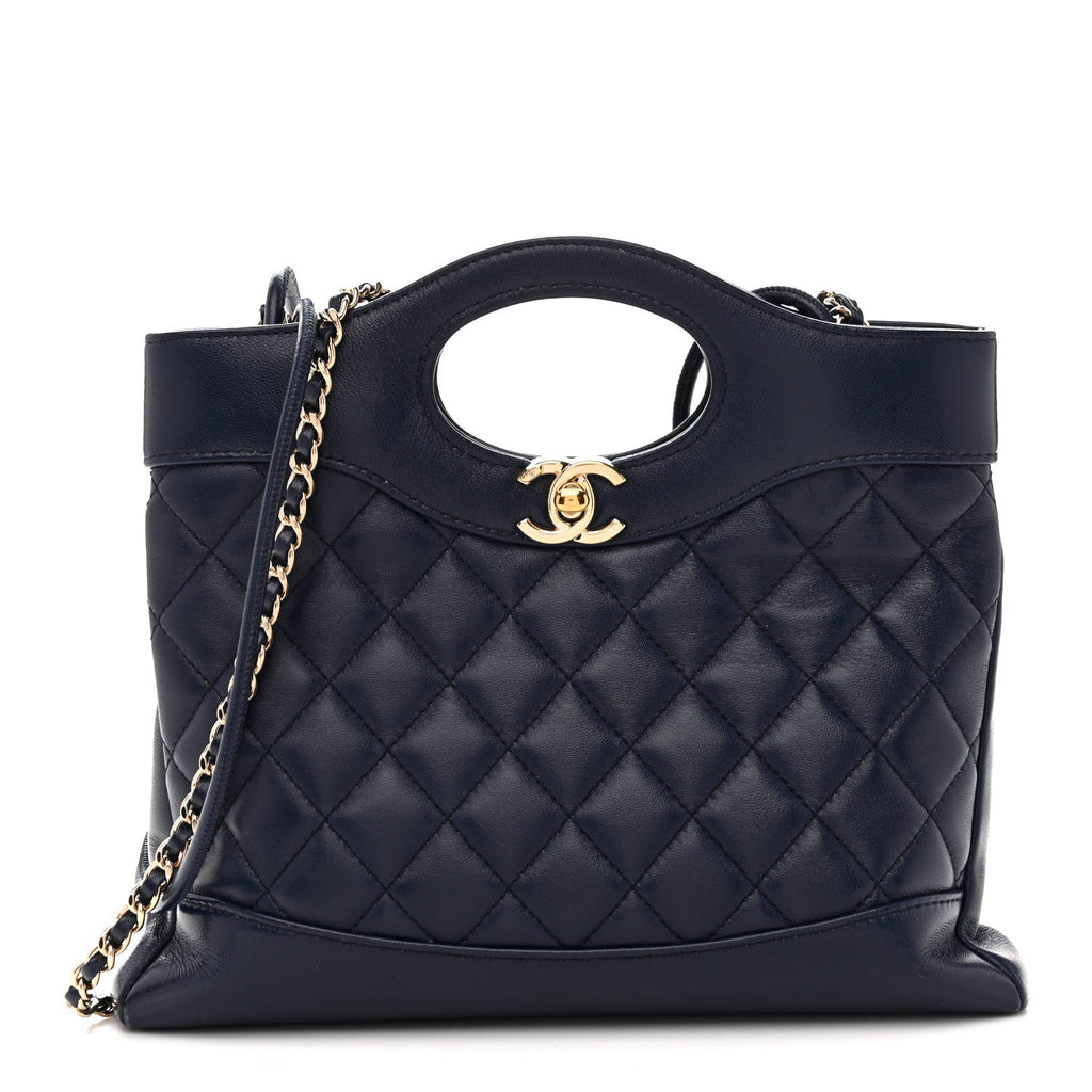 Shiny Crumpled Calfskin Quilted Mini 31 Shopping Bag Navy Blue