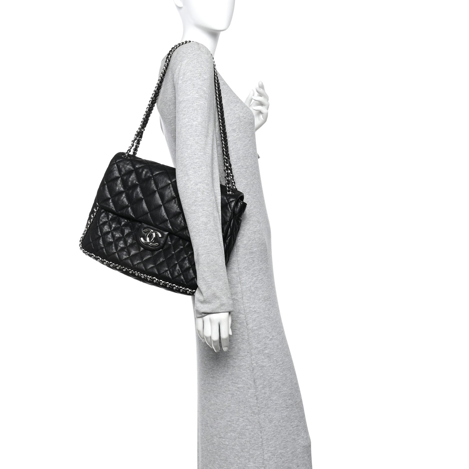 Washed Lambskin Quilted Maxi Chain Around Flap Black
