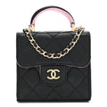 Lambskin Quilted Bi-Color Top Handle Clutch With Chain Black Pink