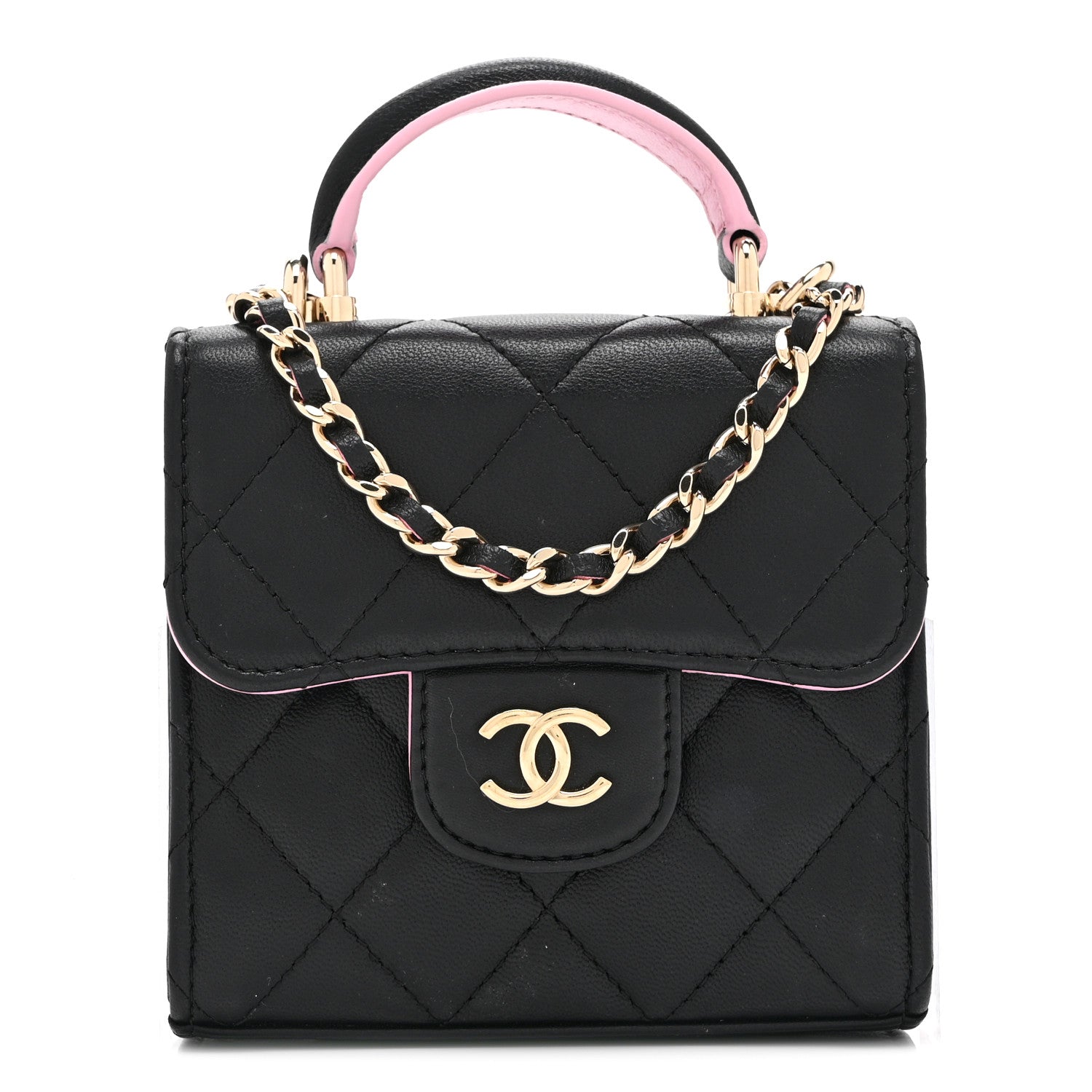 Lambskin Quilted Bi-Color Top Handle Clutch With Chain Black Pink
