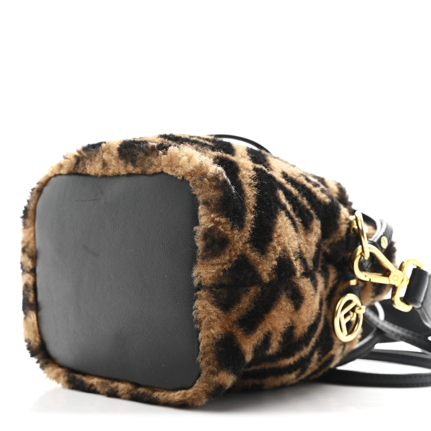 Shearling Vitello Dolce F is Fendi Macro FF 1974 Mini Mon Tresor Bucket Bag Tobacco Black