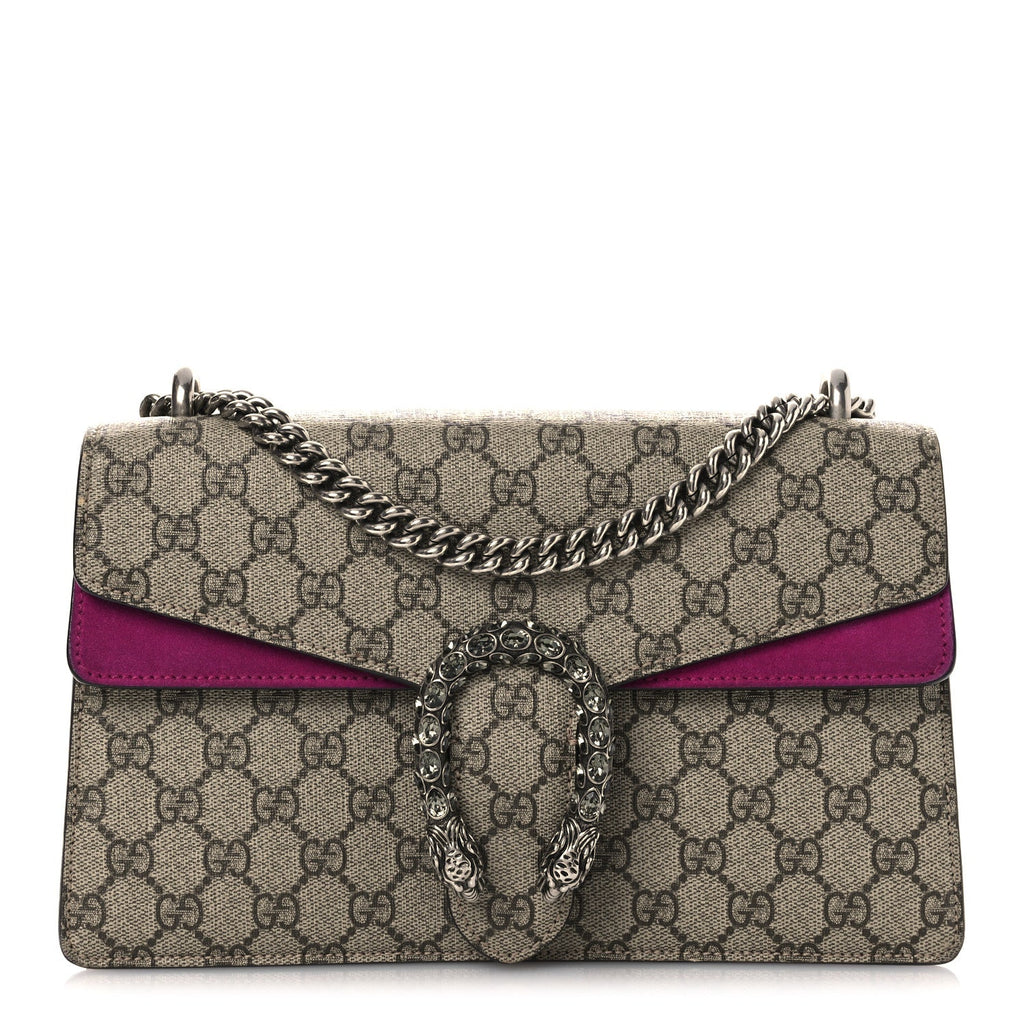 GG Supreme Monogram Suede Crystal Small Dionysus Shoulder Bag Beige Ebony Bright Purple