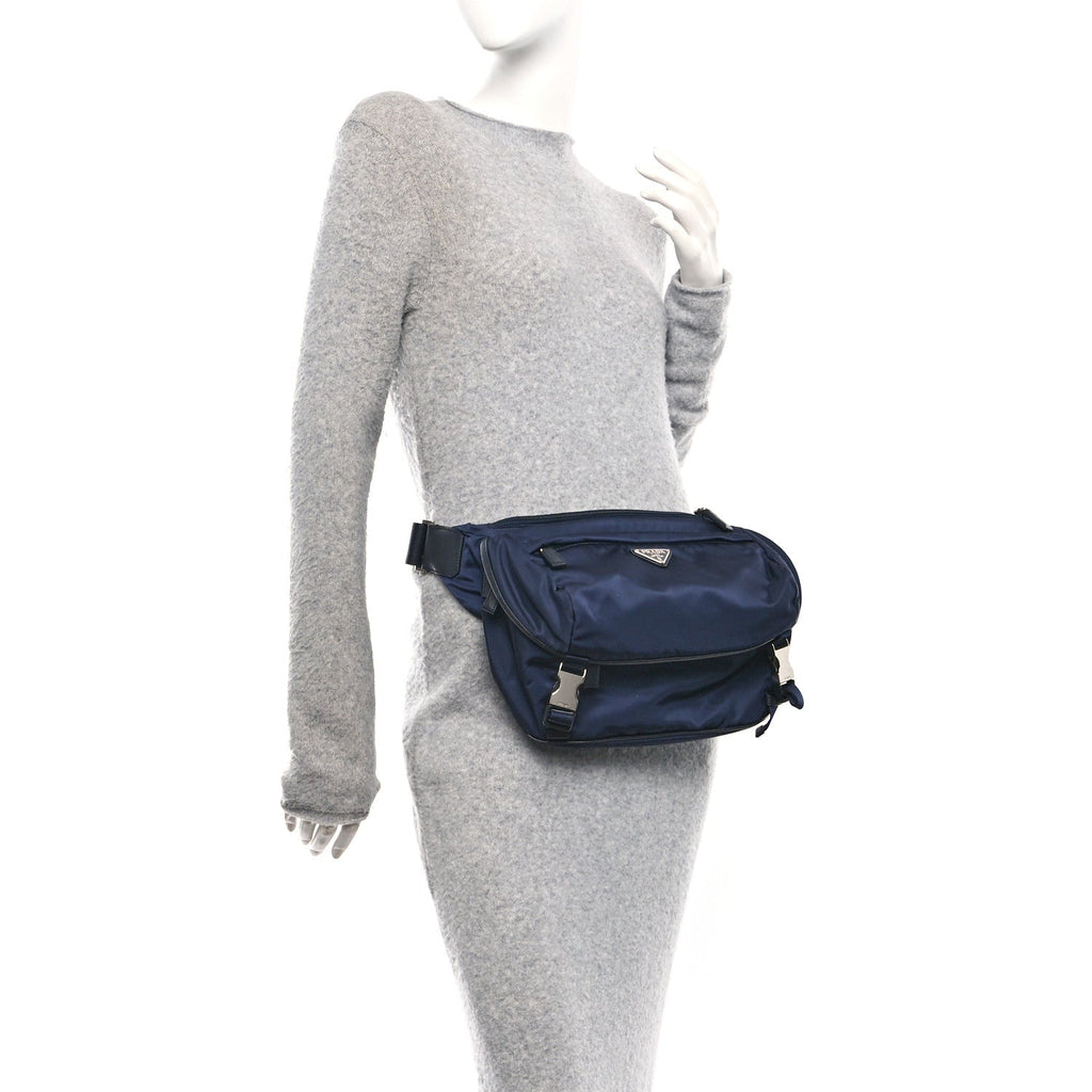 Re-Nylon Saffiano Double Snap Buckle Zip Flap Shoulder Bag Bleu