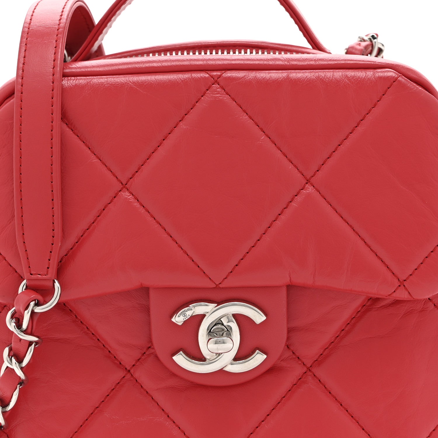 Aged Calfskin Quilted Top Handle Camera Case Red