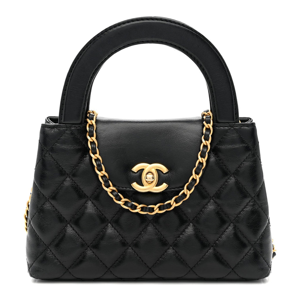 Shiny Aged Calfskin Quilted Nano Kelly Shopper Black