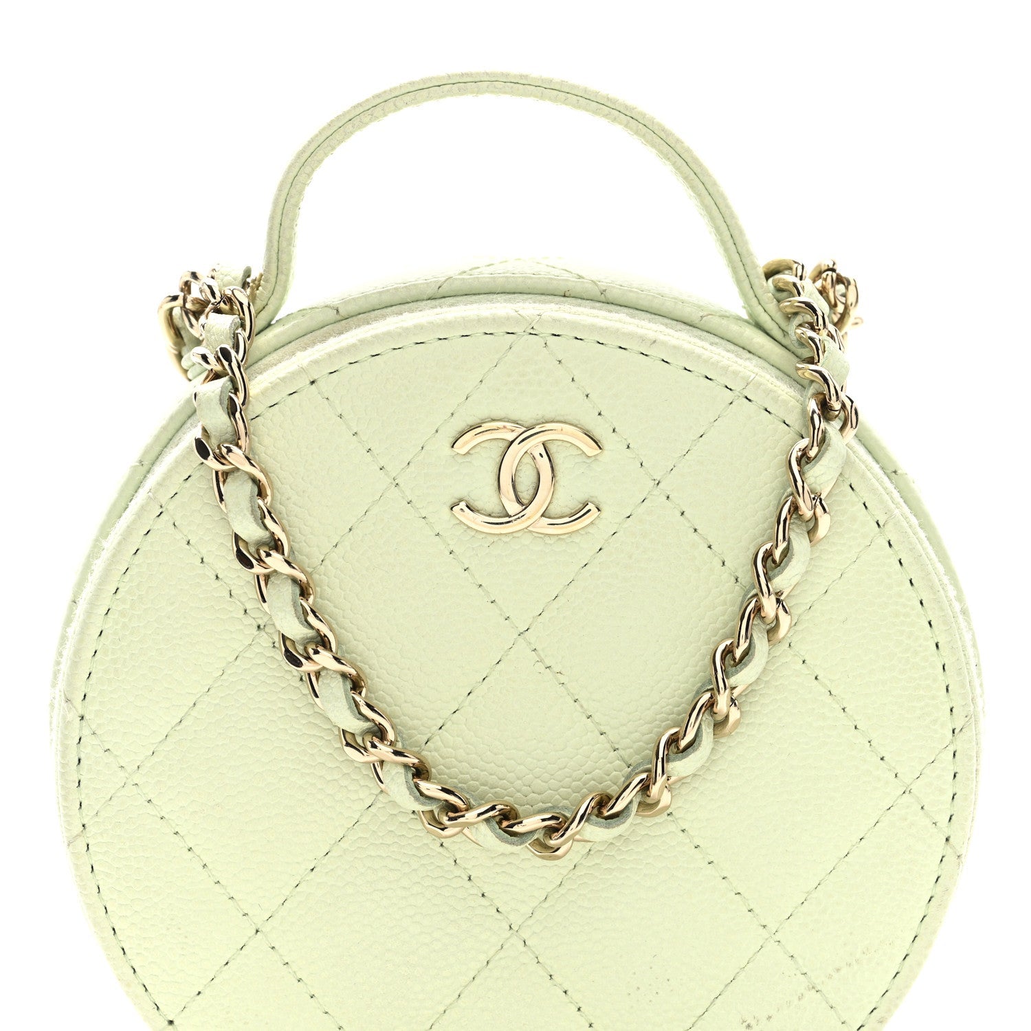 Caviar Quilted Round Handle With Care Vanity With Chain Light Green