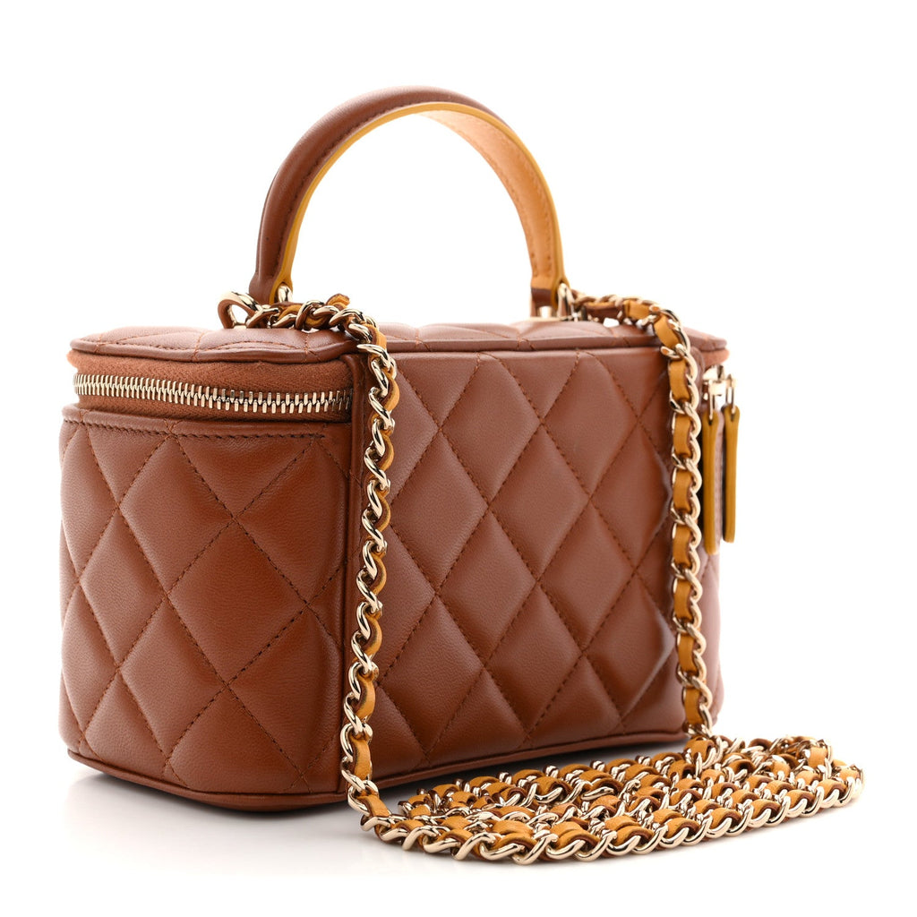 Lambskin Quilted Small Top Handle Vanity Case With Chain Light Brown Yellow