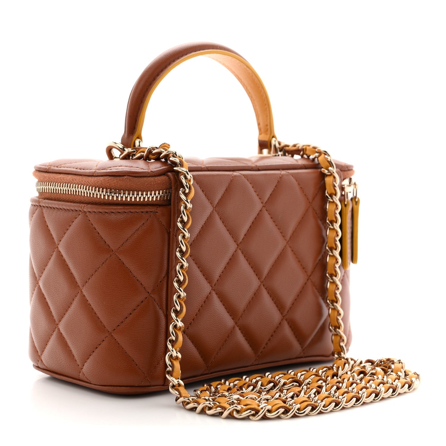 Lambskin Quilted Small Top Handle Vanity Case With Chain Light Brown Yellow