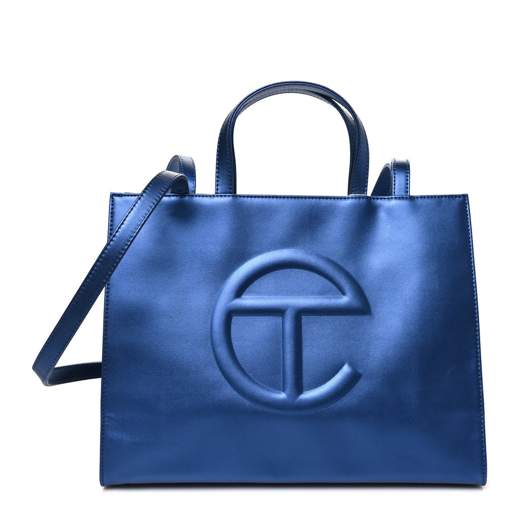 Metallic Vegan Leather Medium Shopping Bag Cobalt