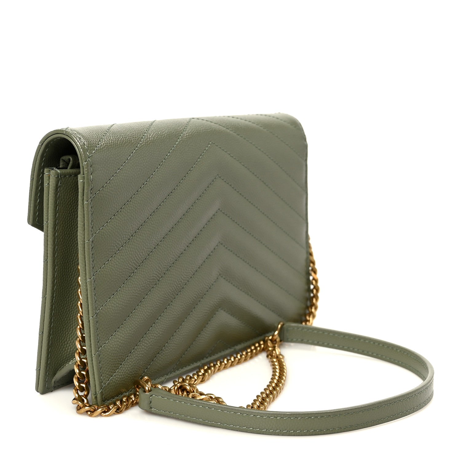 Grain De Poudre Matelasse Chevron Monogram Envelope Chain Wallet Light Sage