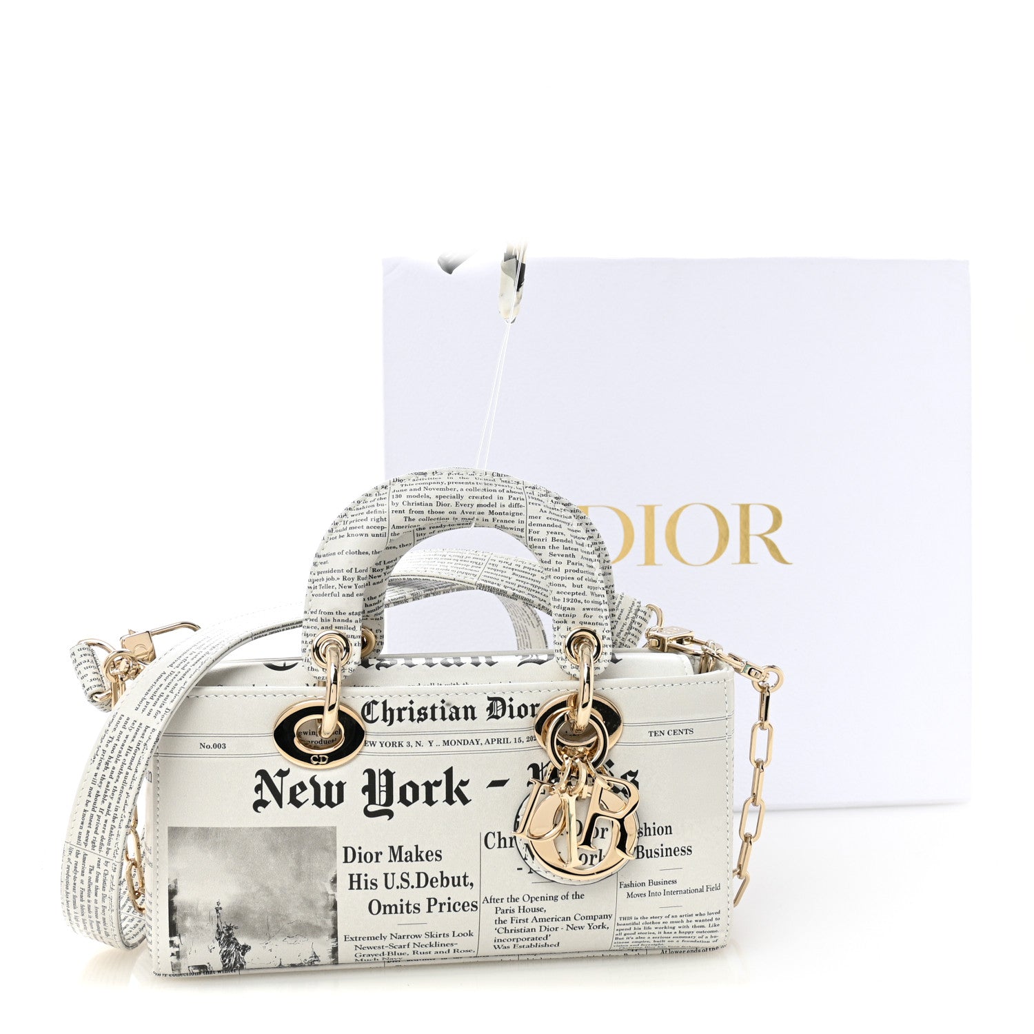 Calfskin Newspaper Printed Small Lady D-Joy Black White