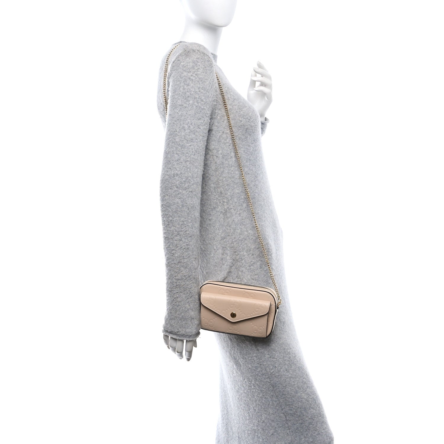 Calfskin GG Super Mini Debossed Chain Wallet Light Beige