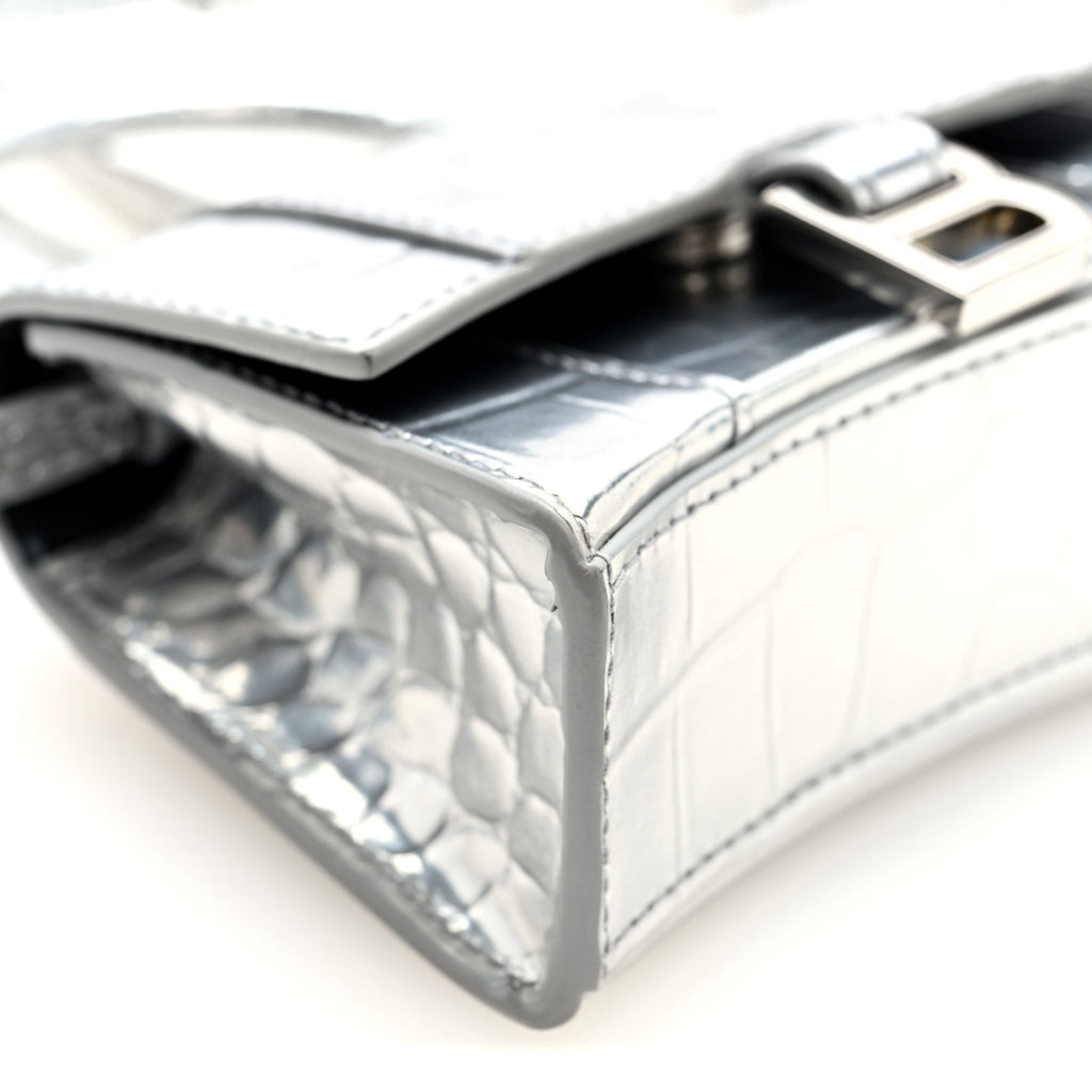 Metallic Calfskin Crocodile Embossed Hourglass Top Handle Bag Mini Silver