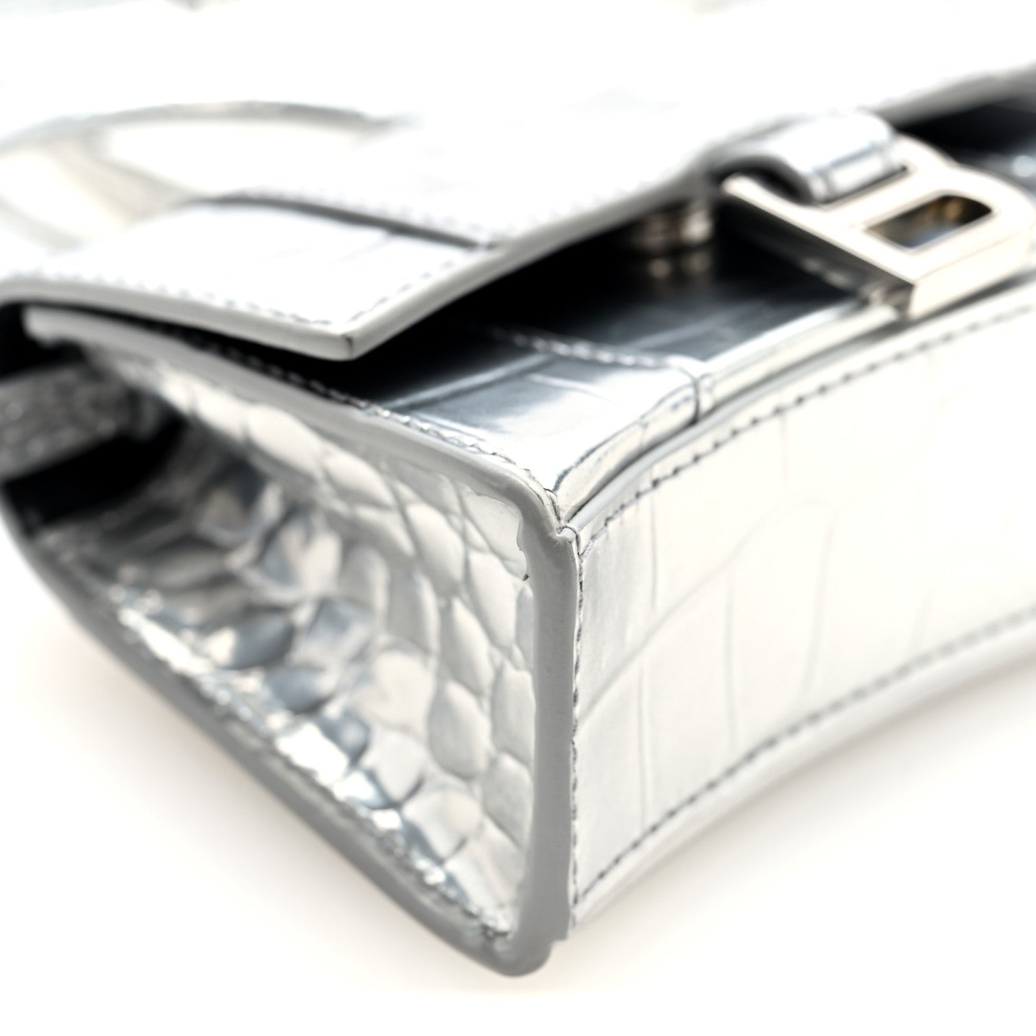 Metallic Calfskin Crocodile Embossed Hourglass Top Handle Bag Mini Silver