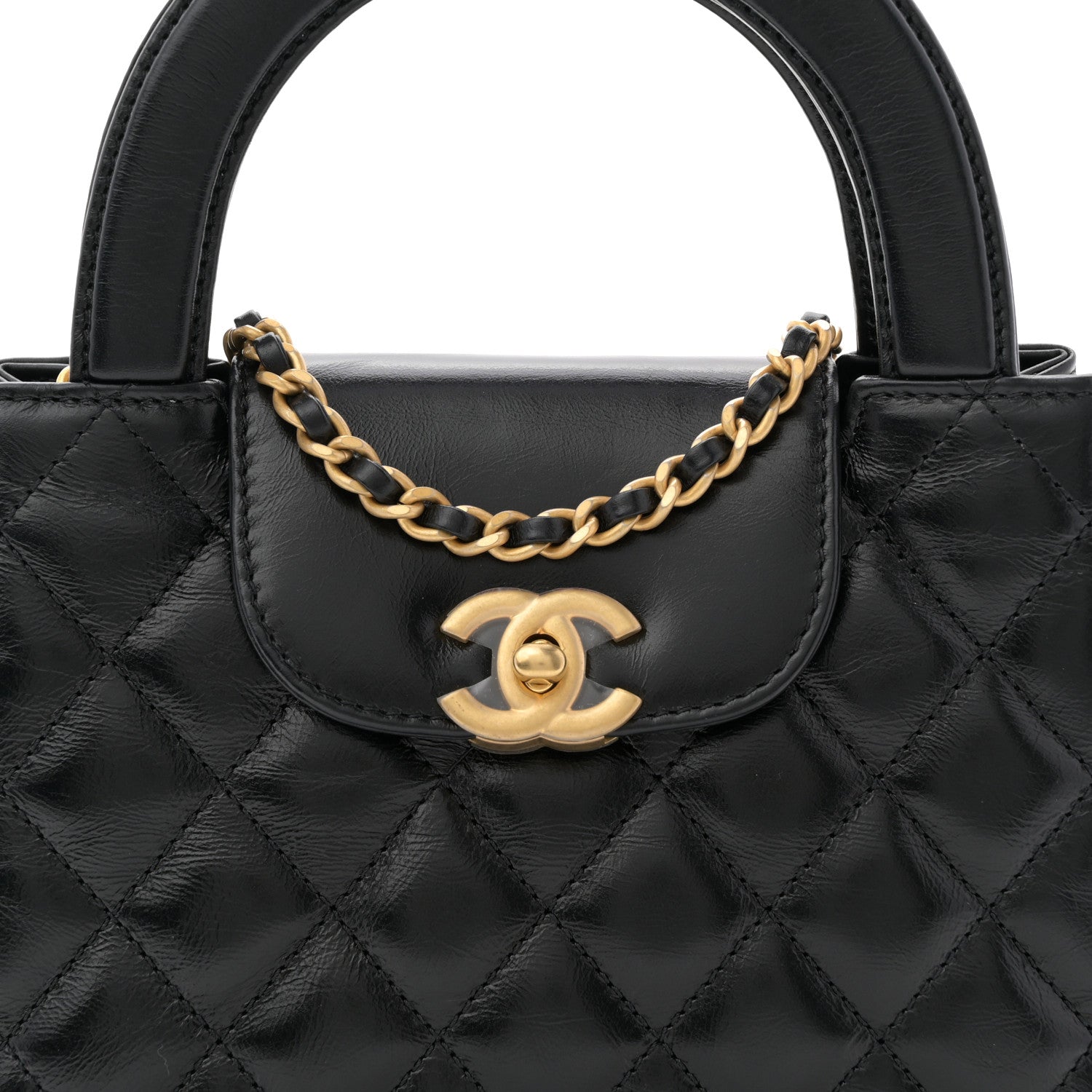 Shiny Aged Calfskin Quilted Nano Kelly Shopper Black