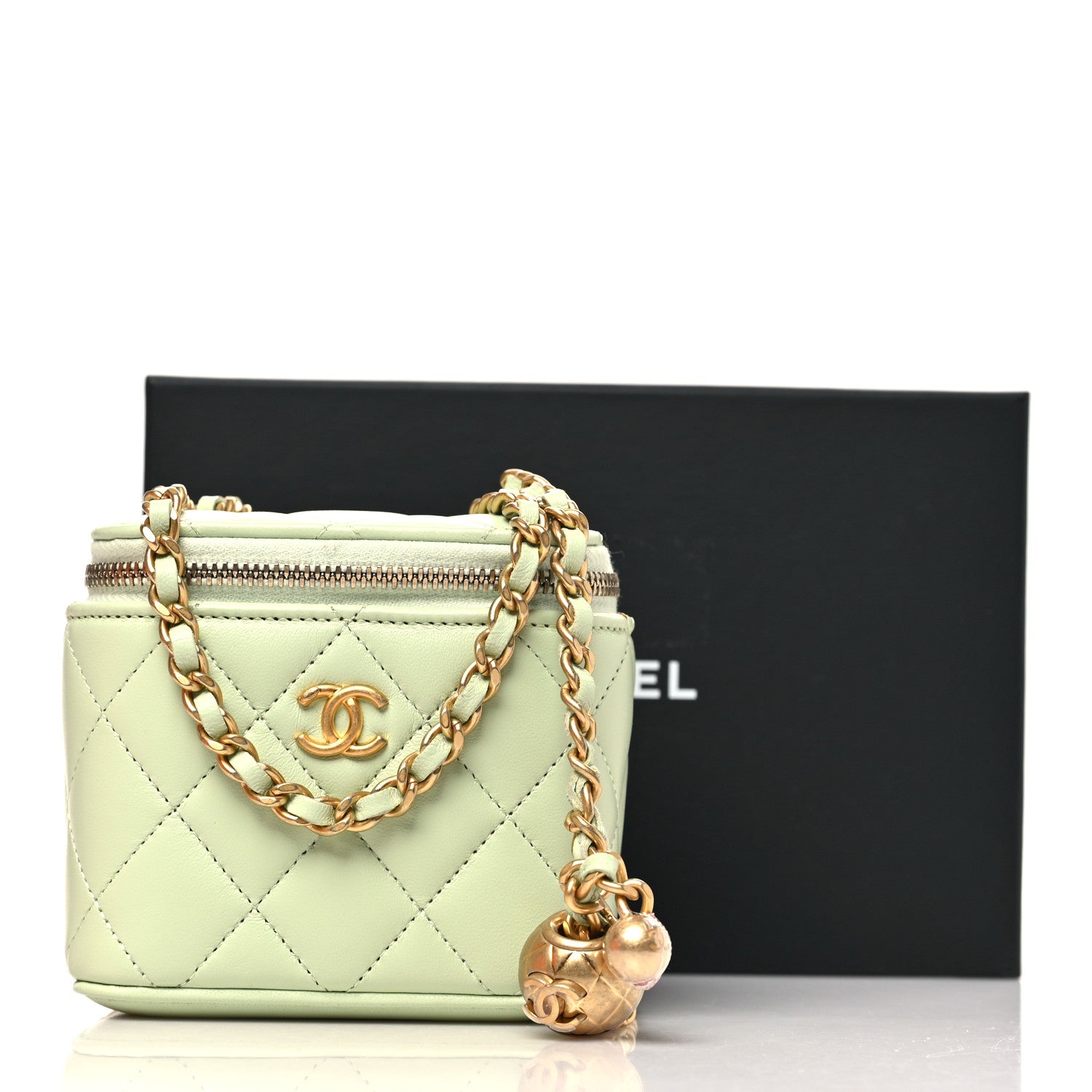 Lambskin Quilted Pearl Crush Mini Vanity Case With Chain Light Green