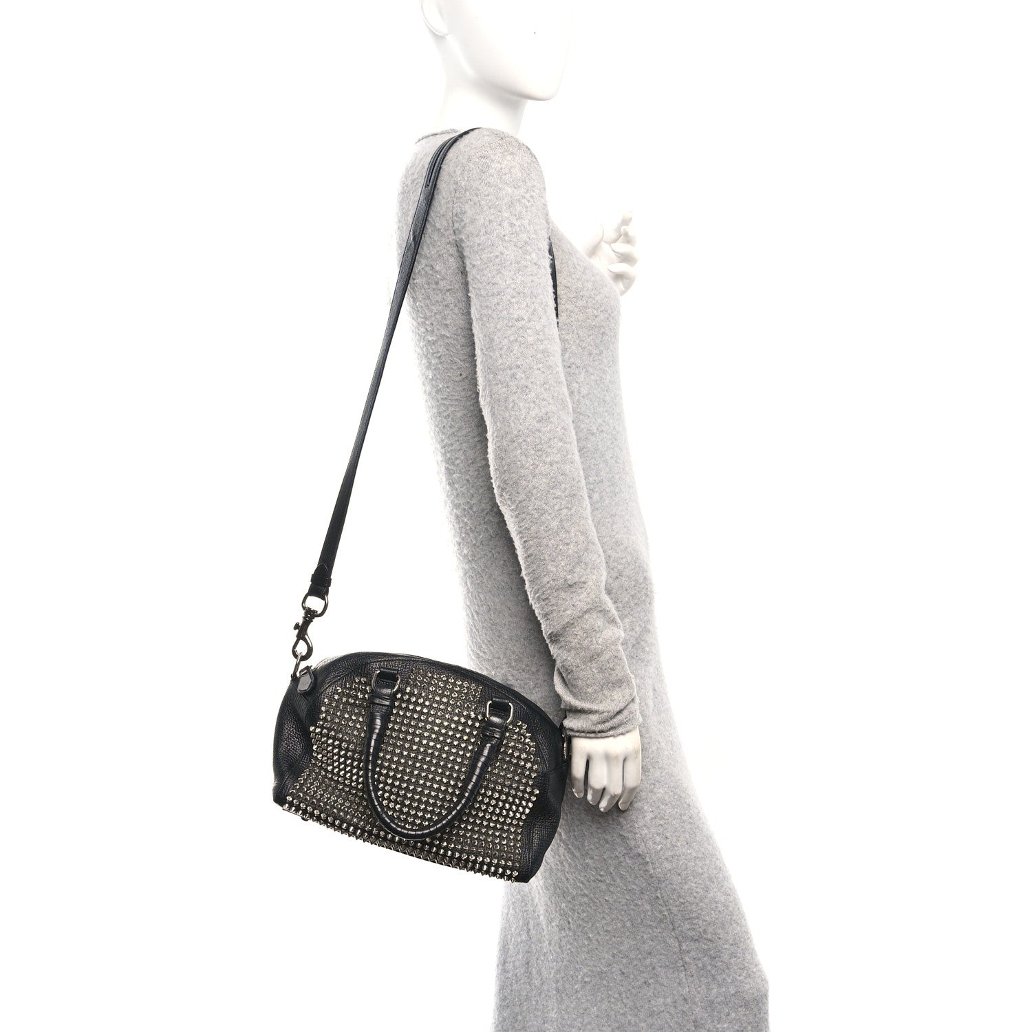 Grained Calfskin Studded Panettone Bowling Bag Black