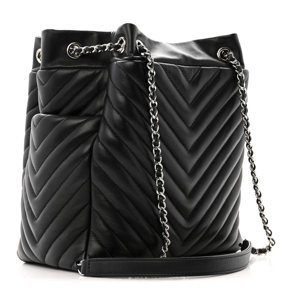 Lambskin Chevron Small Urban Spirit Drawstring Bag Black