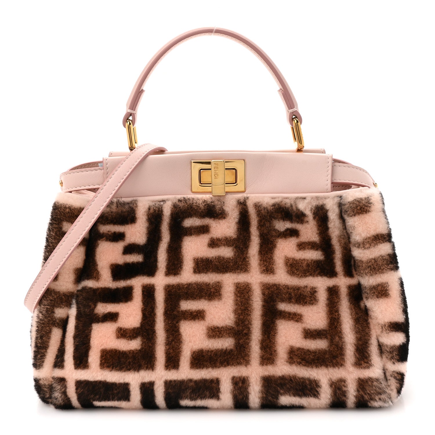 Shearling Nappa Macro FF 1974 Mini Peekaboo Iconic Satchel White Ice Cuoio Miele Scuro