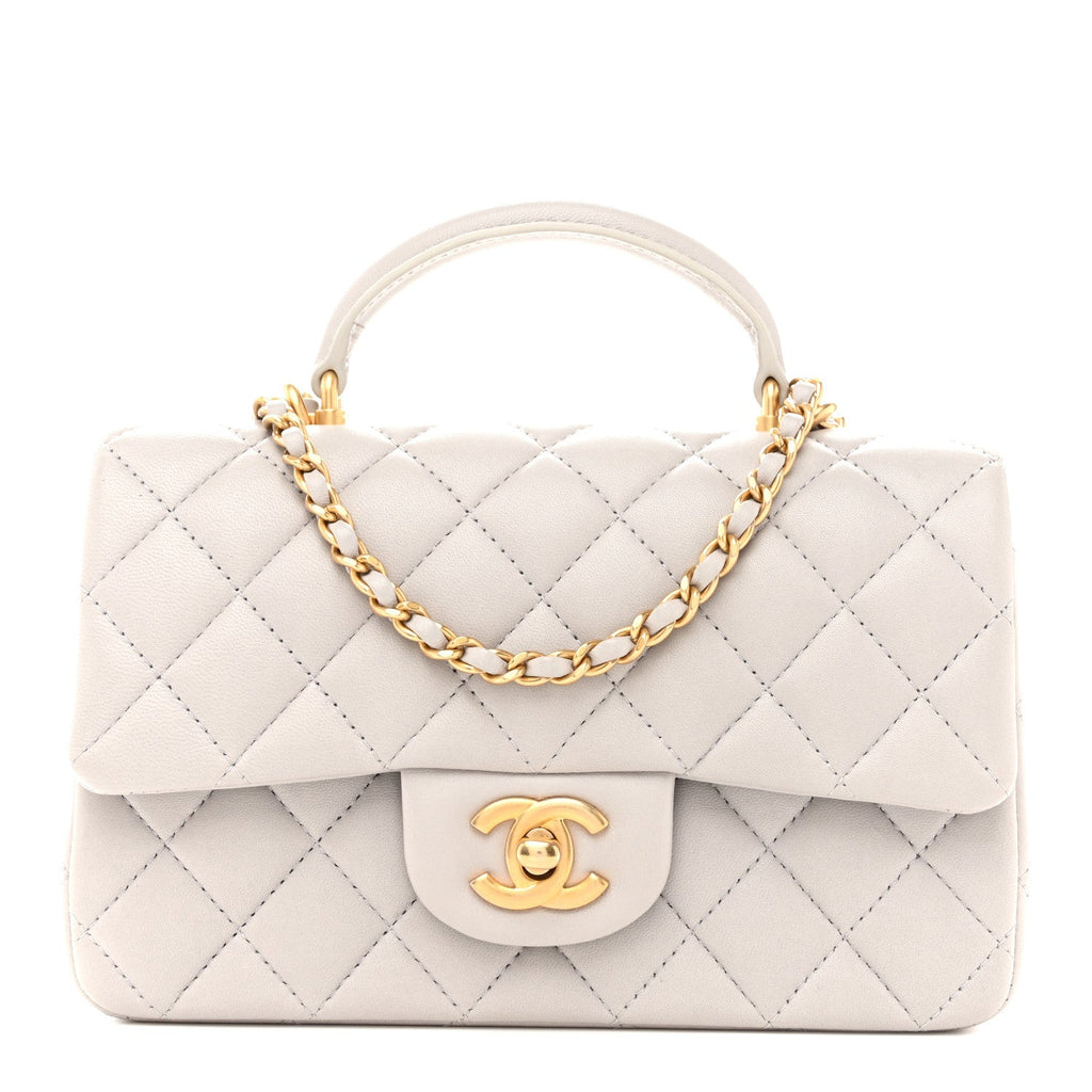 Lambskin Quilted Mini Top Handle Rectangular Flap Grey