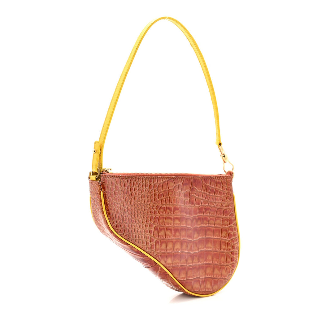 Patent Calfskin Crocodile Embossed Mini Saddle Pochette Orange