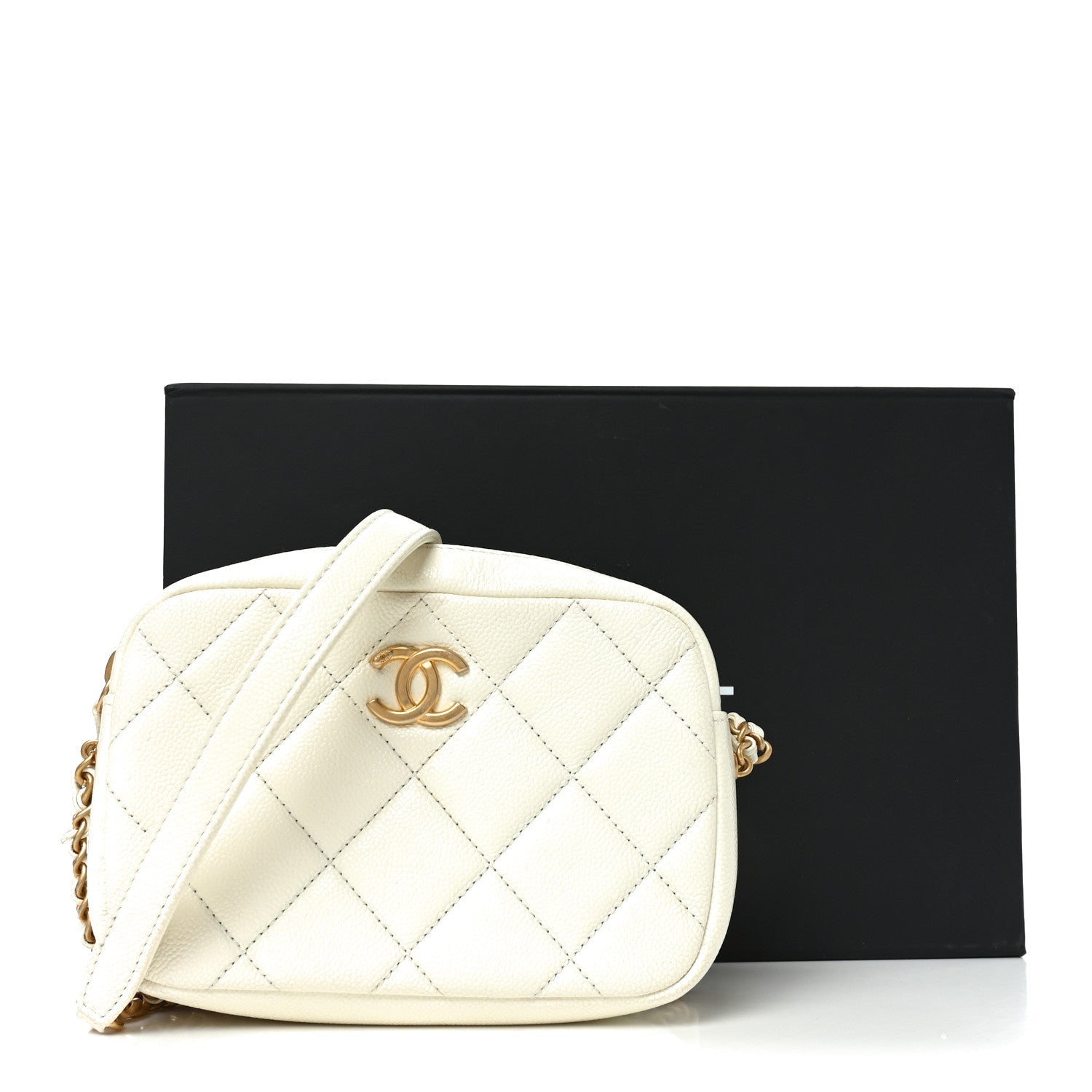 Shiny Caviar Quilted Chain Melody Camera Bag White
