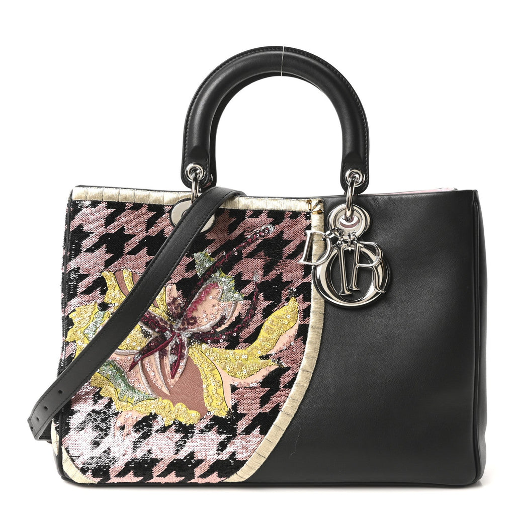 Smooth Calfskin Sequin Houndstooth Embroidered Medium Diorissimo Black