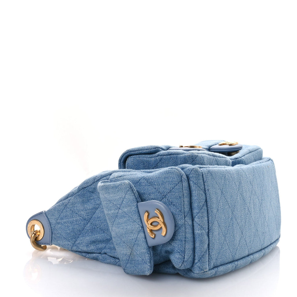Washed Denim Quilted Cargo Large Hobo Light Blue