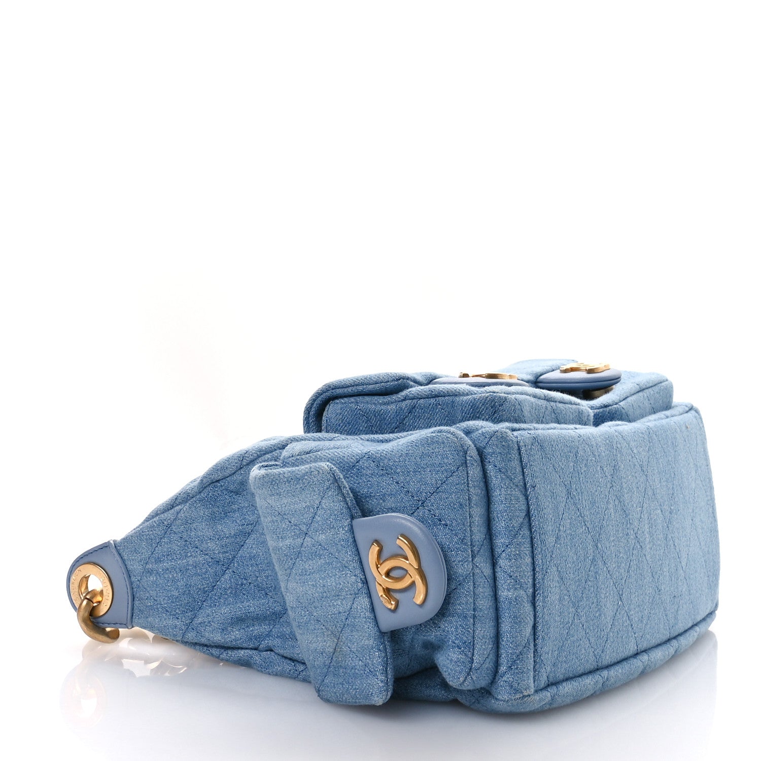 Washed Denim Quilted Cargo Large Hobo Light Blue