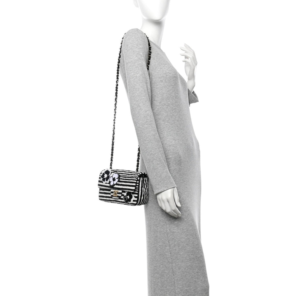 Striped Tweed Sequin Quilted Camellia Embellished Mini Rectangular Flap Ecru Black