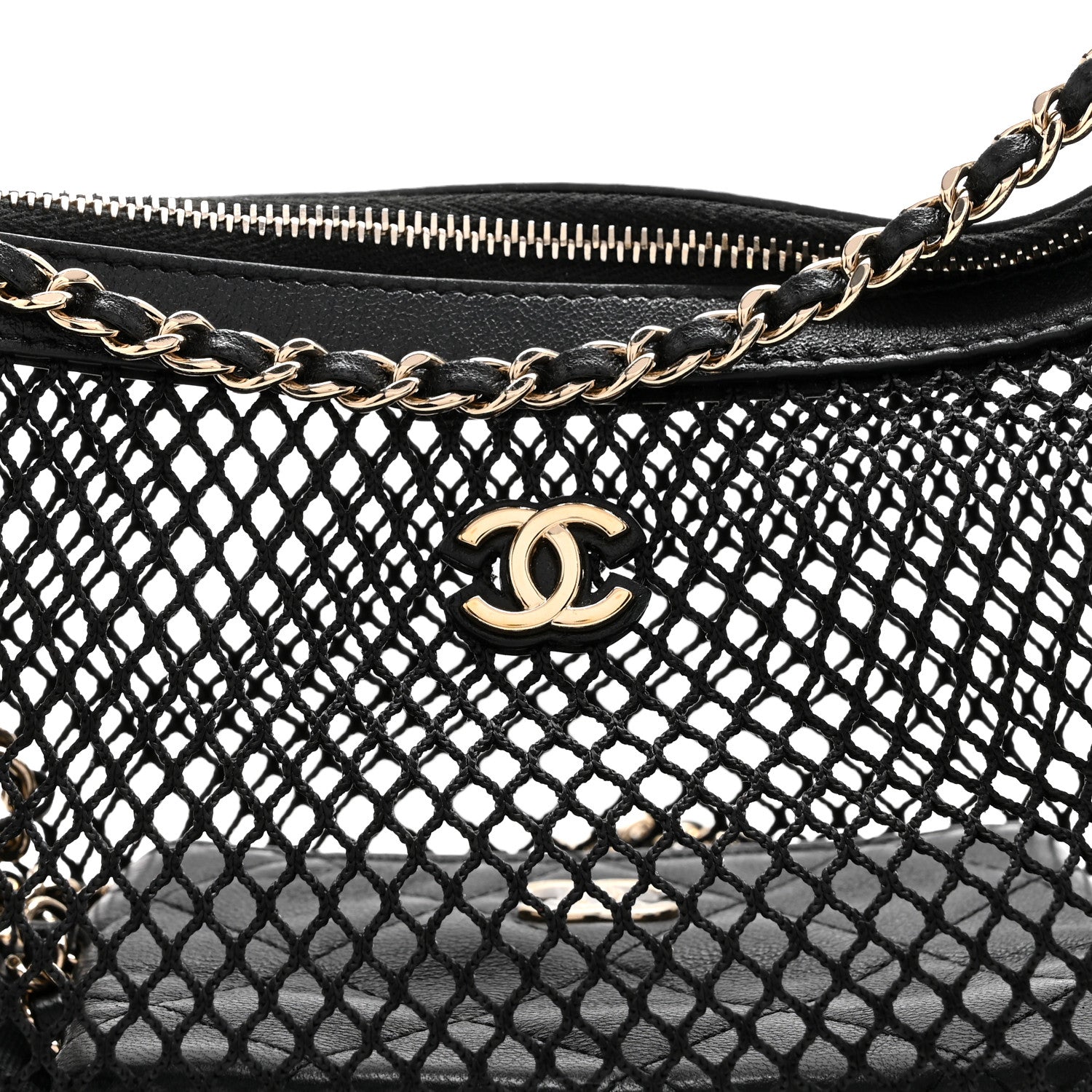 Mesh Shiny Lambskin Chain Hobo Black