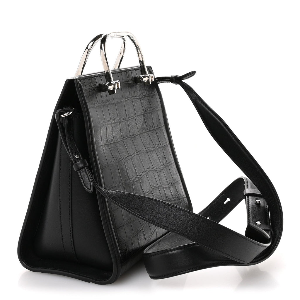 Crocodile Embossed Calfskin The Short Story Shoulder Bag Black
