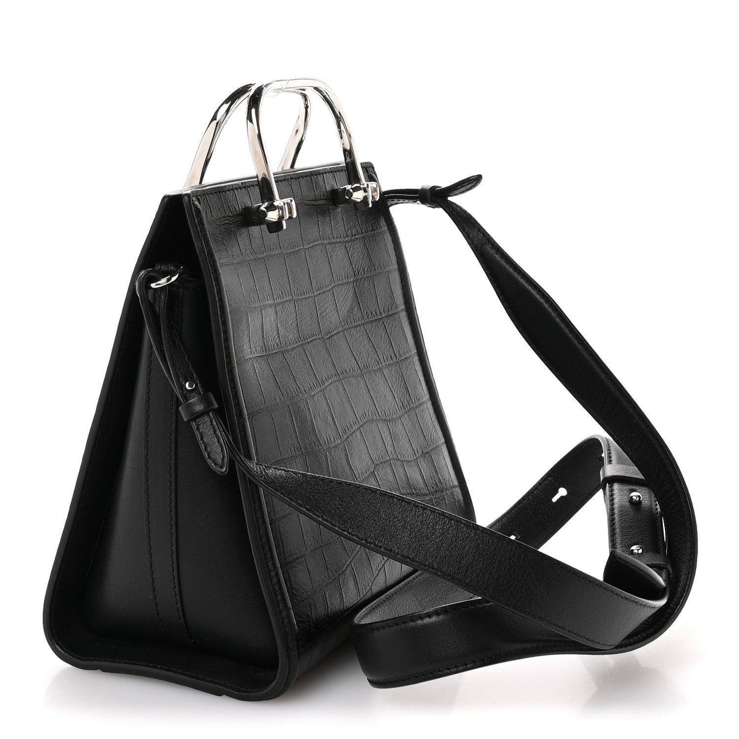 Crocodile Embossed Calfskin The Short Story Shoulder Bag Black