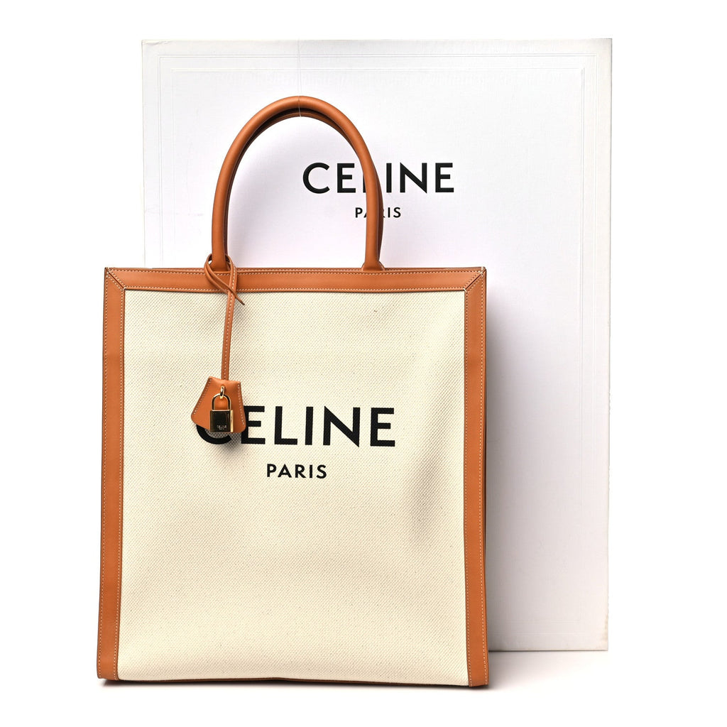 Canvas Calfskin Logo Print Vertical Cabas Natural Tan