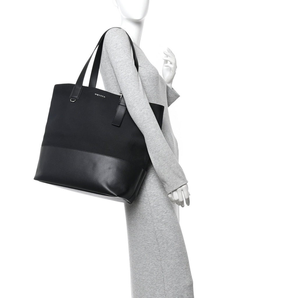 Canvas Calfskin T-Bar Shopping Bag Black