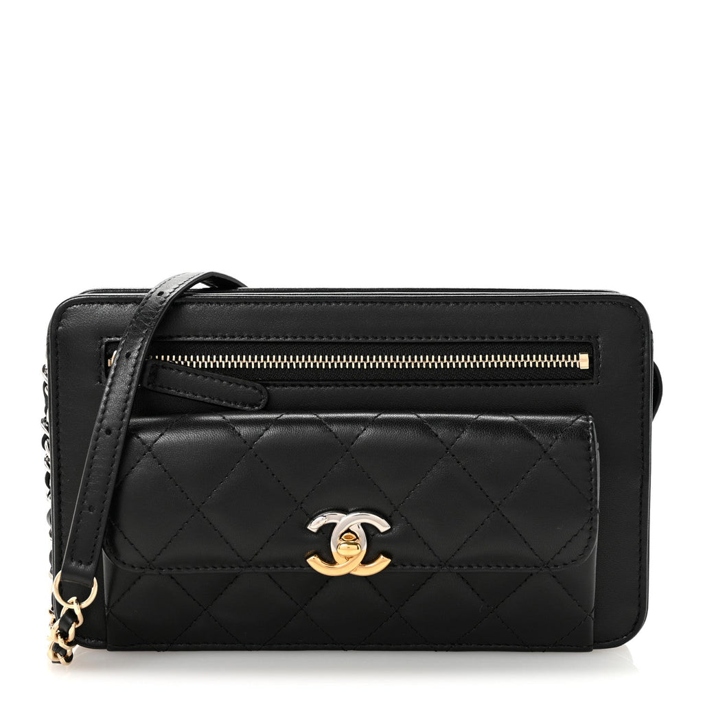 Lambskin Quilted Front Pocket Clutch With Chain Black